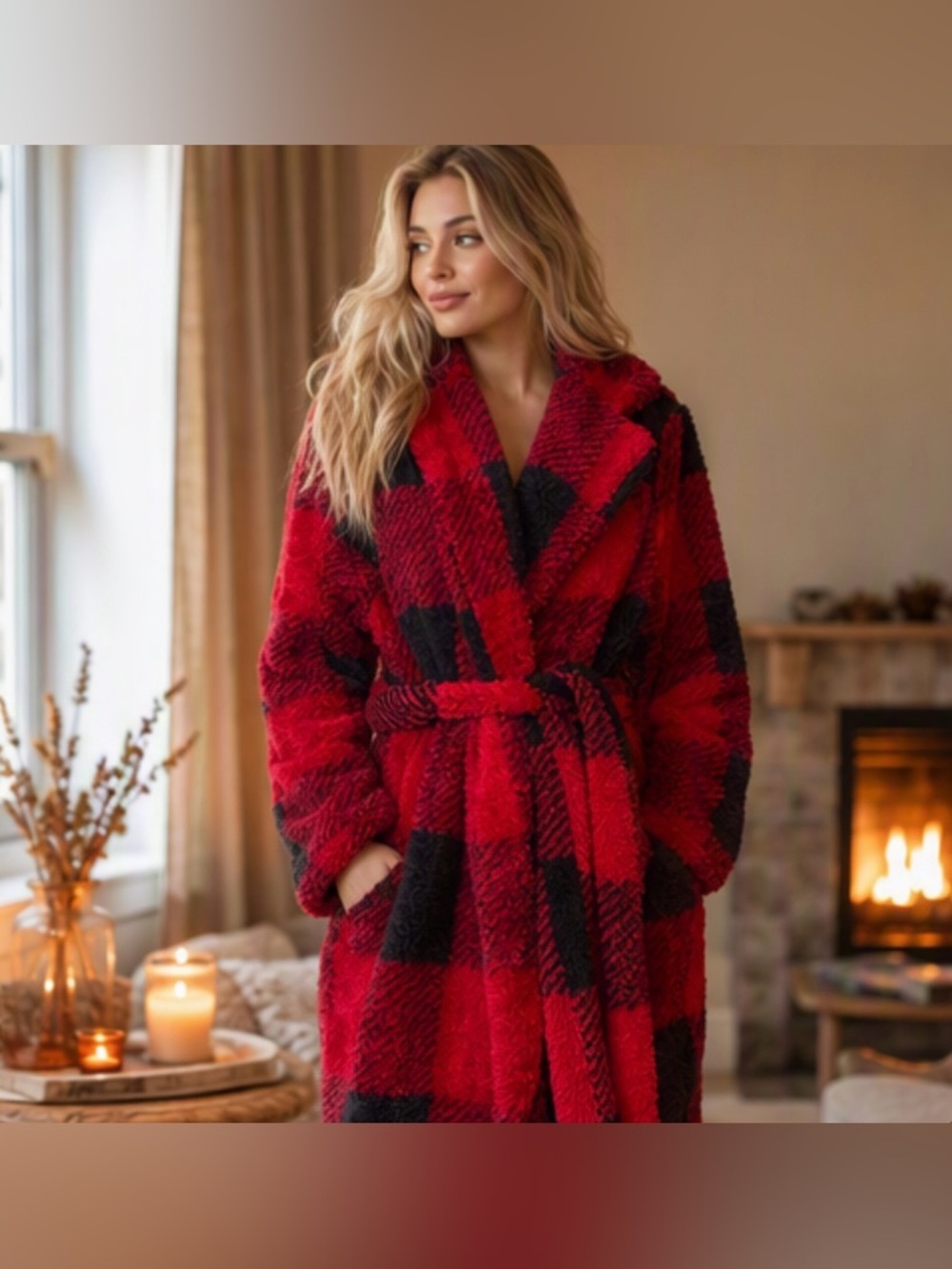 Red & Black Buffalo Plaid Cozy Robe with Belt